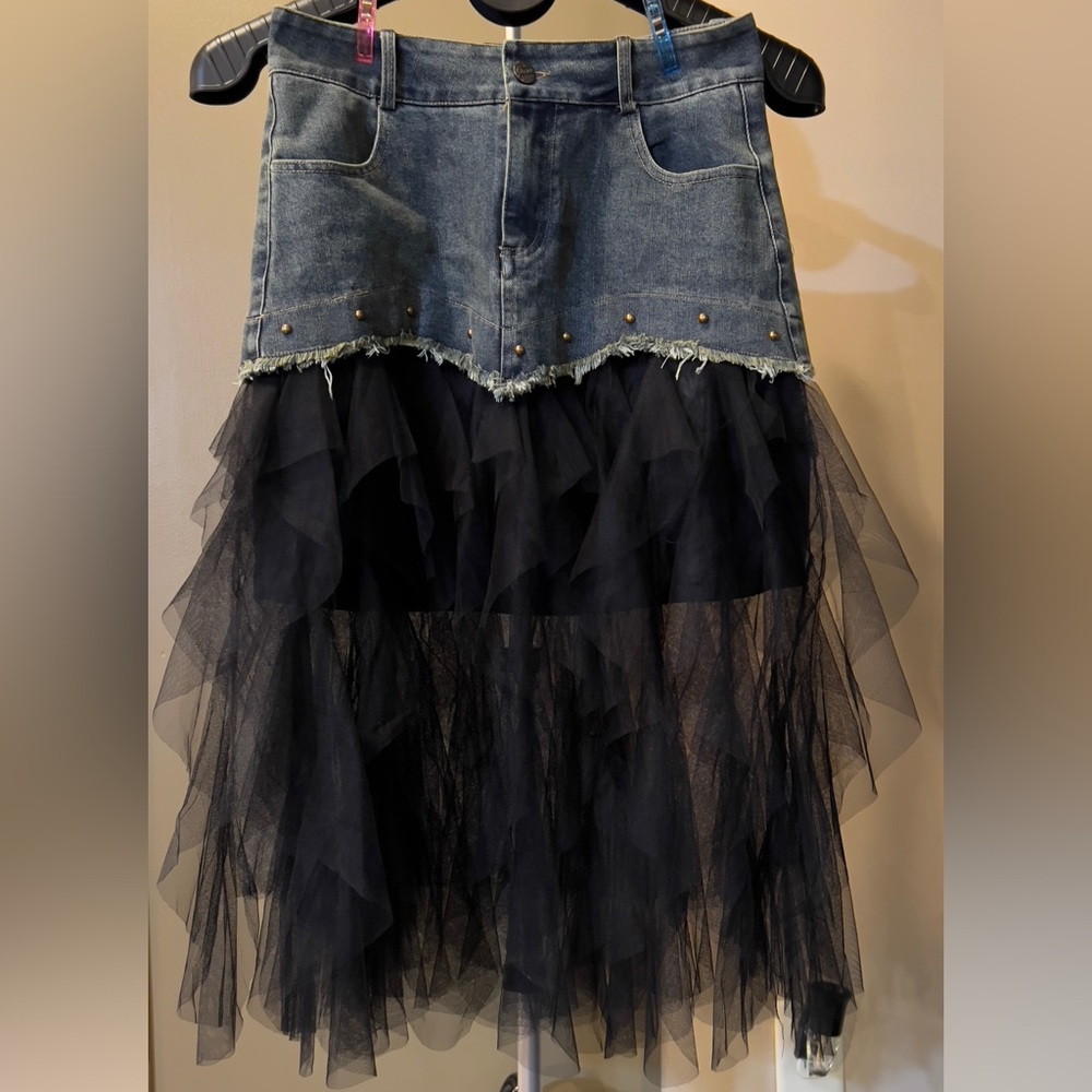 Micas Denim and Black Tulle Midi Skirt
